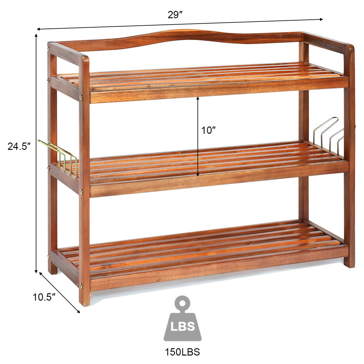 2-Tier Acacia Wood Shoe Rack with 4 Side Metal Hooks by DirectDeals natural brown finish on Tampa Home & Garden Store