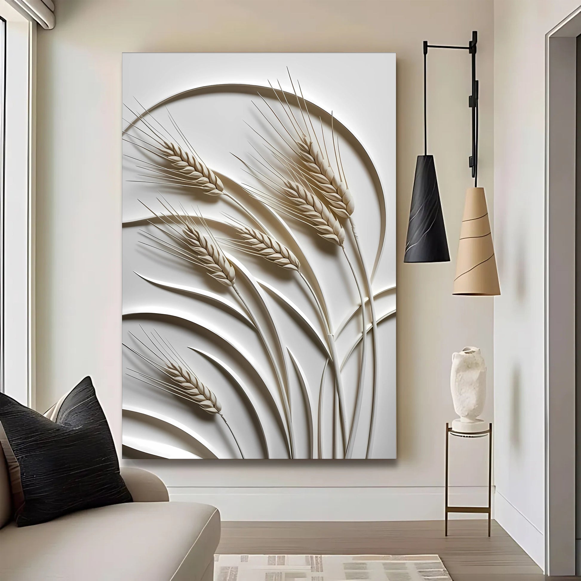 3D Minimalist Wheat Wall Art canvas with beige wheat stalks on ivory backdrop Tailored Canvases on Tampa Home & Garden Store