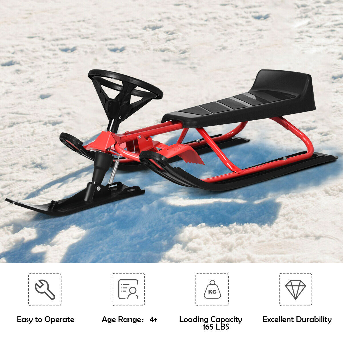 Kids snow sled with steering wheel and double brakes on a red frame with black seat on Tampa Home & Garden Store