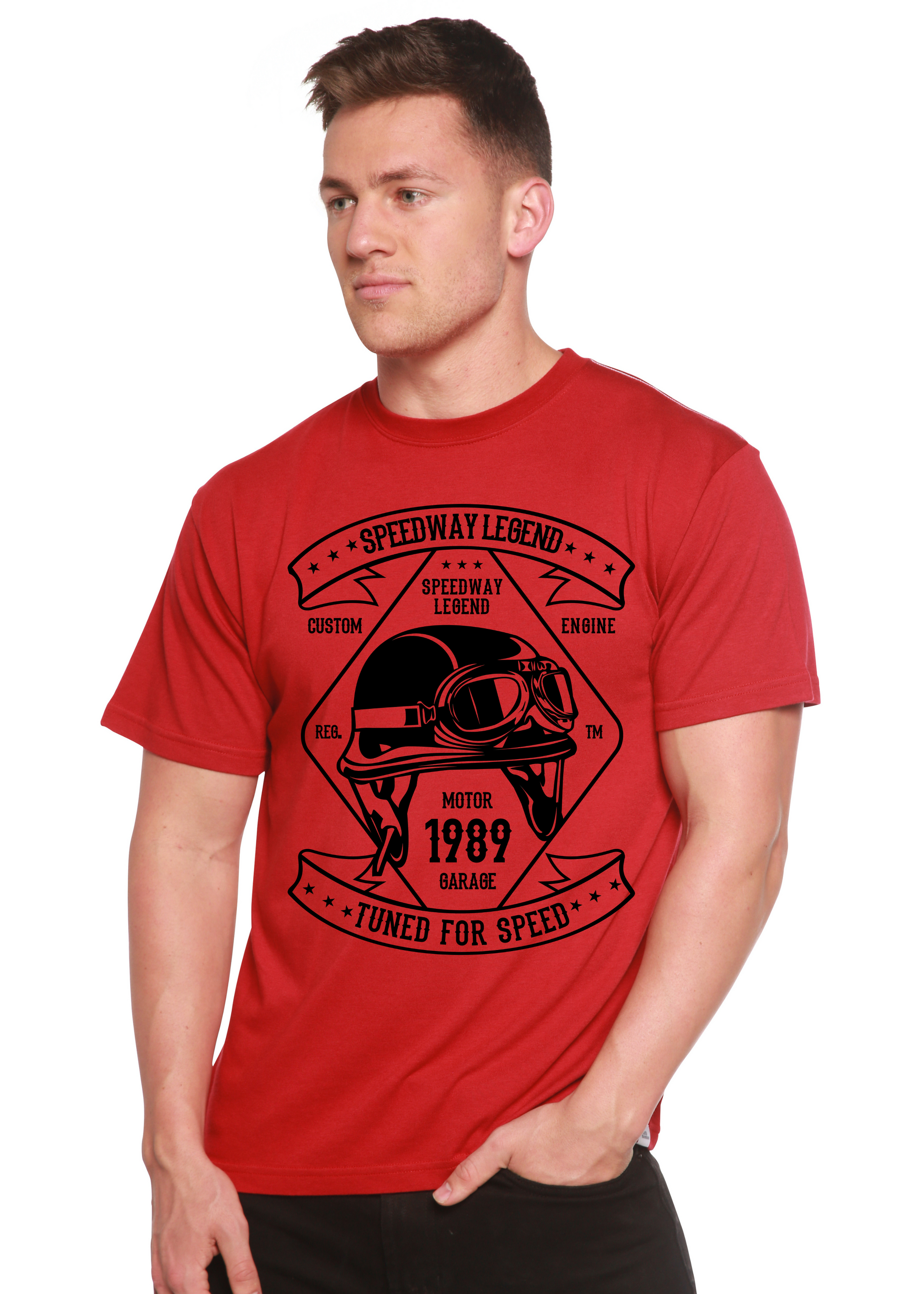 Speedway Legend Spun Bamboo men's short sleeve graphic T-shirt in red with black helmet motif on Tampa Home & Garden Store
