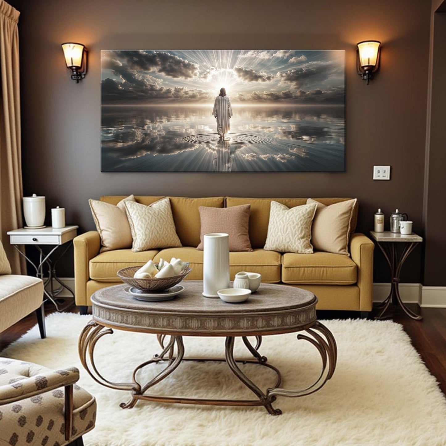 Walking on Water Faith Wall Art III canvas by Tailored Canvases figure in white robe in water on Tampa Home & Garden Store