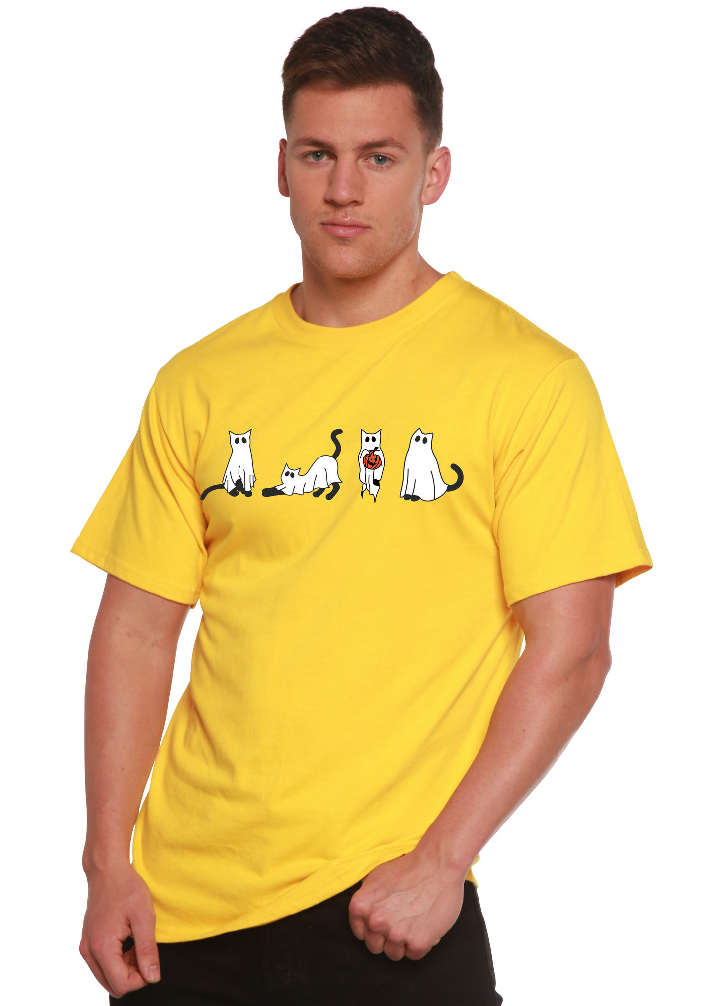 Halloween Cats men's bamboo viscose organic cotton graphic tee yellow with cat line art on Tampa Home & Garden Store