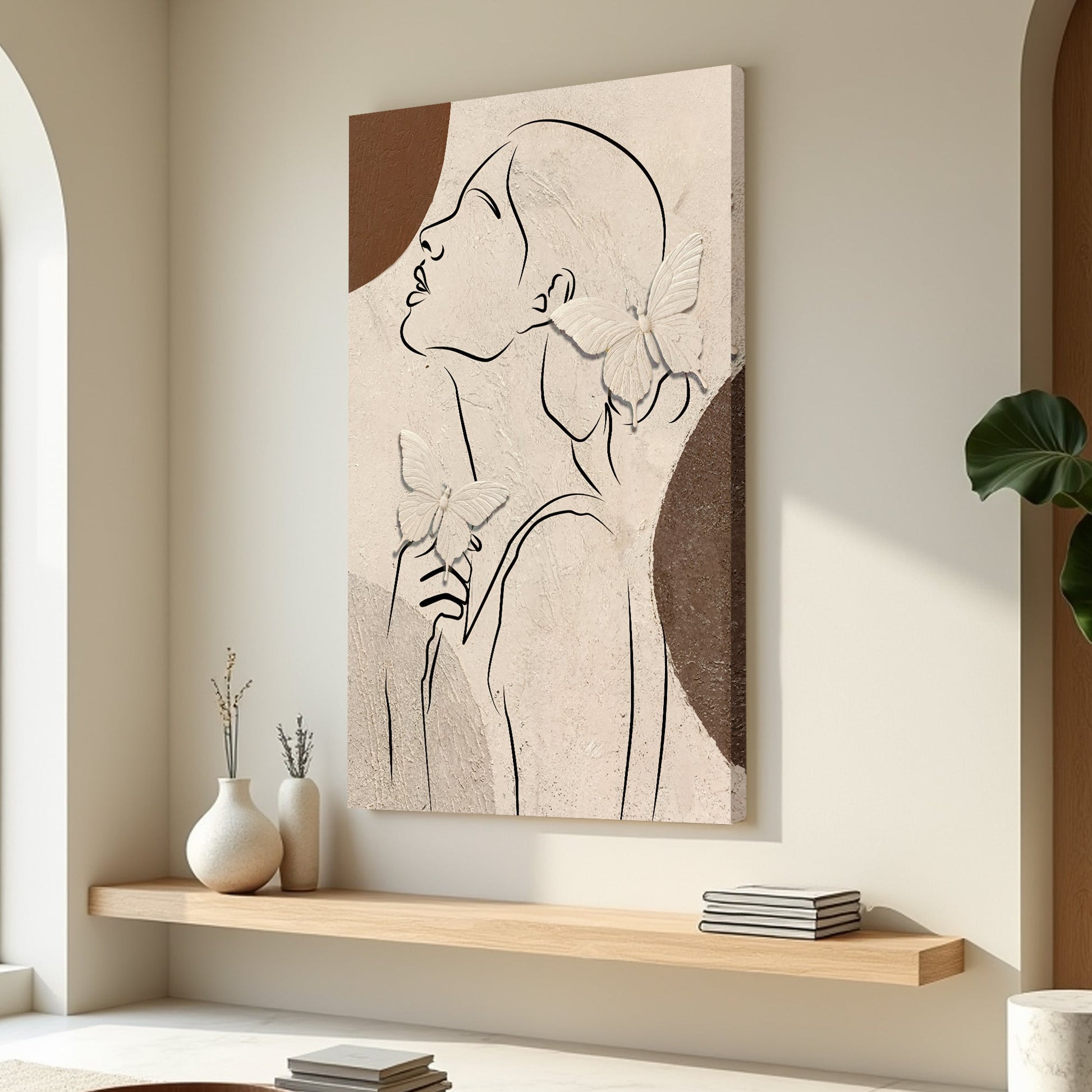 Minimalist Woman Line Art Canvas by Tailored Canvases, beige textured with black outline on Tampa Home & Garden Store