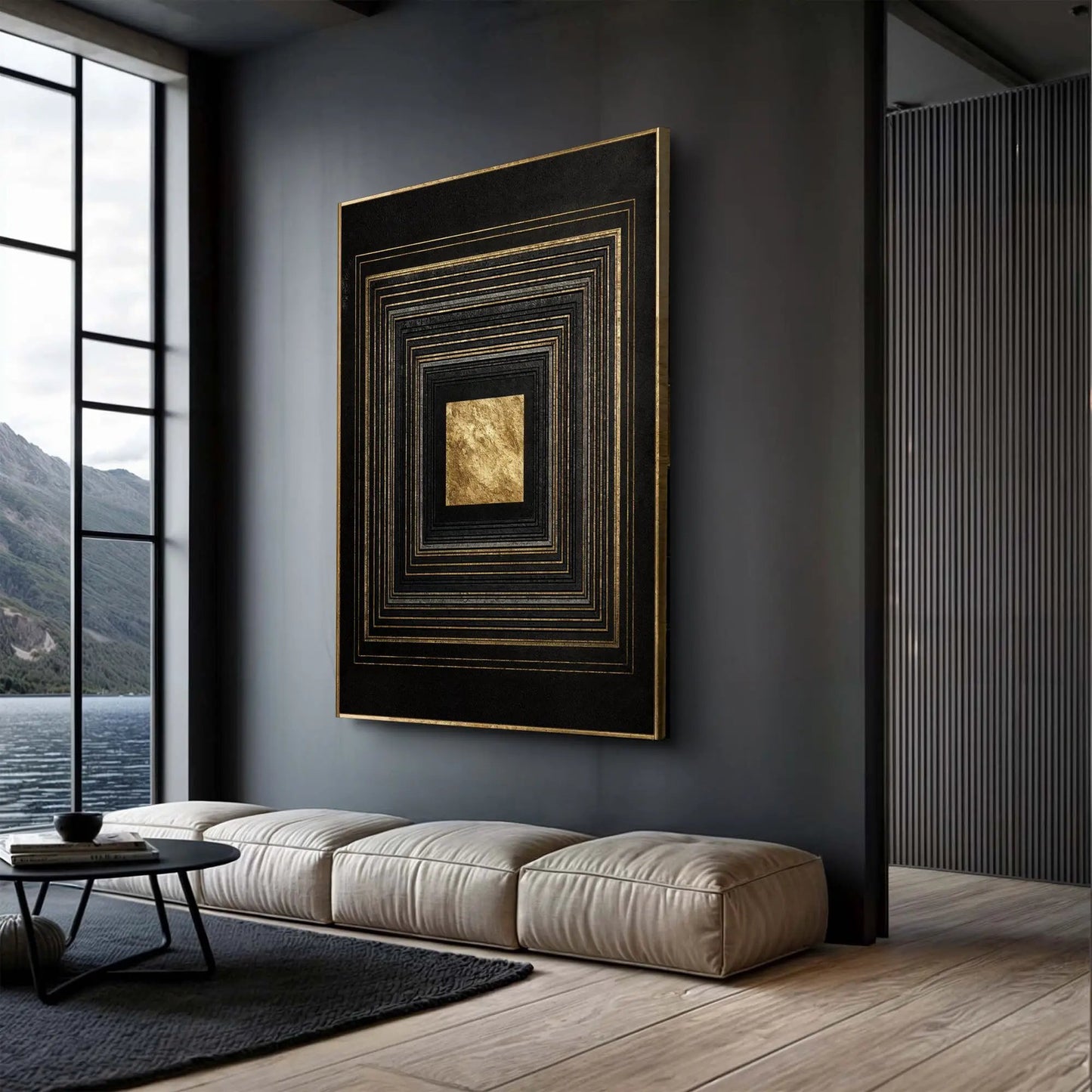 Black and Gold Core Wall Art canvas with gold concentric squares by Tailored Canvases on Tampa Home & Garden Store