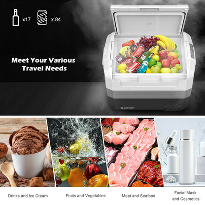 58-Quart Electric Camping Car Cooler GemGear white with lid open filled with groceries on Tampa Home & Garden Store