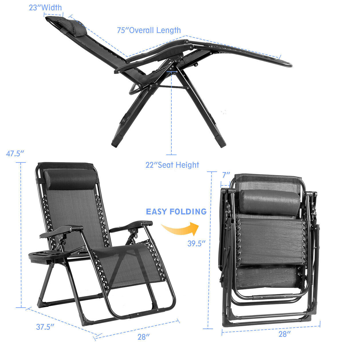 Sillón reclinable grande con portavasos de alta resistencia para exteriores - Azul