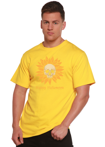 Men's yellow graphic tee with sun skull Halloween print; bamboo by Spun Bamboo on Tampa Home & Garden Store