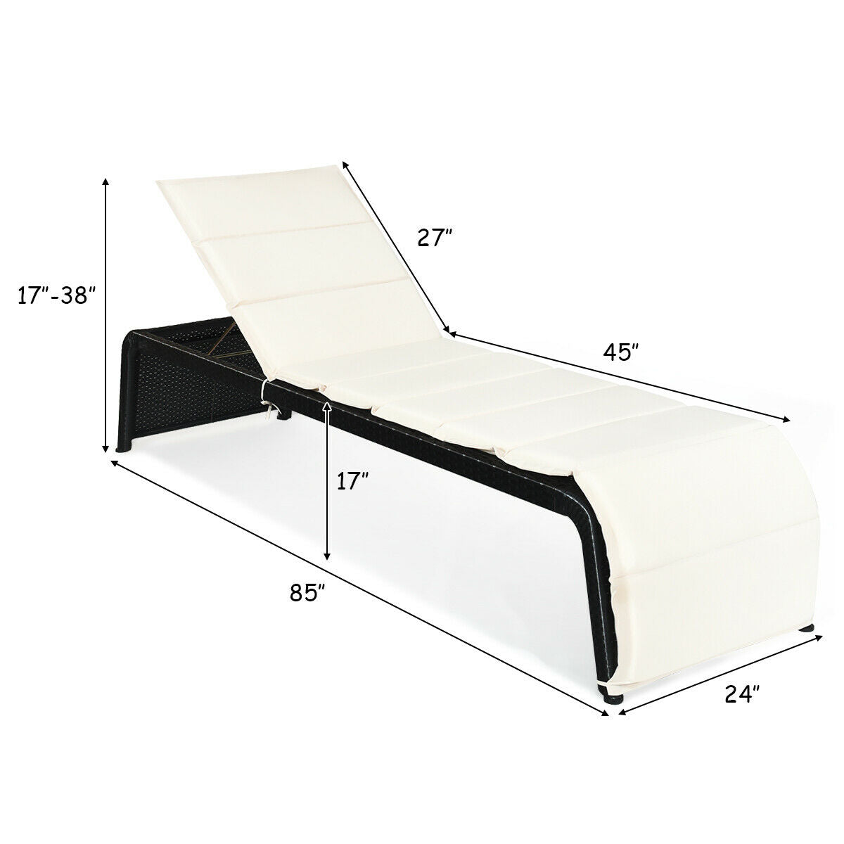 Tumbona reclinable de ratán para patio, con respaldo ajustable y cojín - Blanco