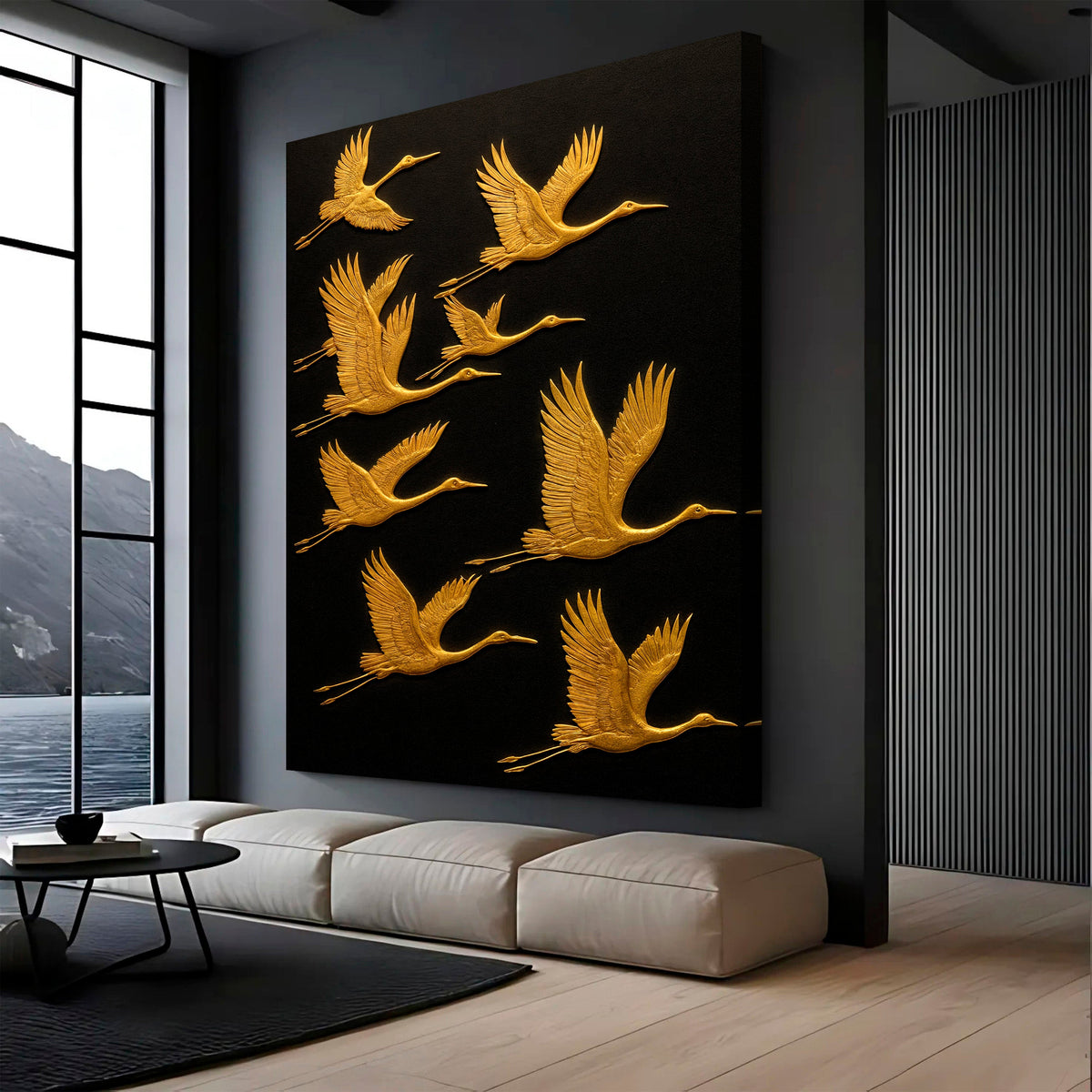 Abstract Sandhill Cranes Canvas Wall Art by Tailored Canvases in black with gold cranes on Tampa Home & Garden Store
