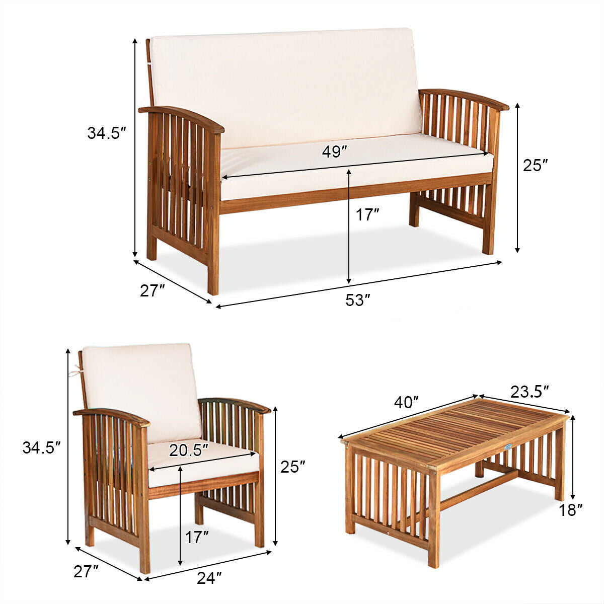 Juego de muebles de patio de madera maciza de 4 piezas - Beige