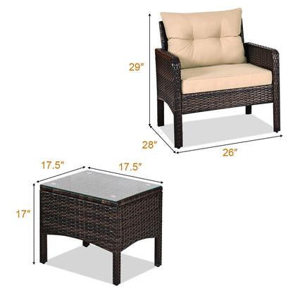 Juego de 3 piezas de conversación para patio exterior de ratán con cojines de asiento - Beige
