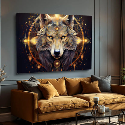 Wolf Head Wall Art canvas with gold mandala framing a wolf head on dark navy background on Tampa Home & Garden Store