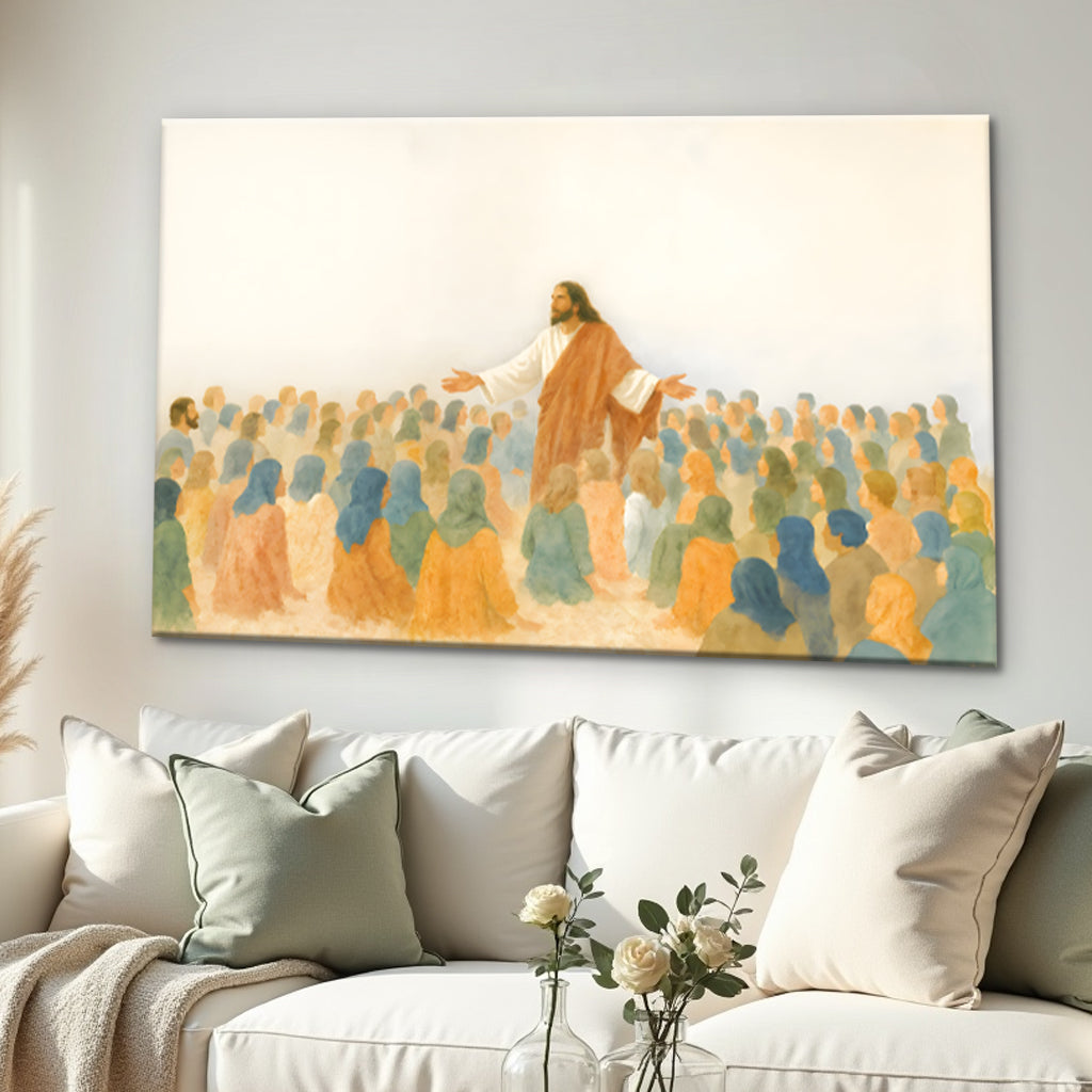 Jesus Speaking To Crowd Faith Wall Art canvas by Tailored Canvases, pastel-toned crowd scene on Tampa Home & Garden Store
