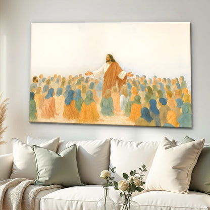 Jesus Speaking To Crowd Faith Wall Art canvas by Tailored Canvases, pastel-toned crowd scene on Tampa Home & Garden Store
