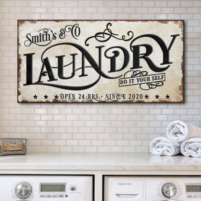 The Laundry Room Sign VI canvas with distressed background and ornate lettering on Tampa Home & Garden Store