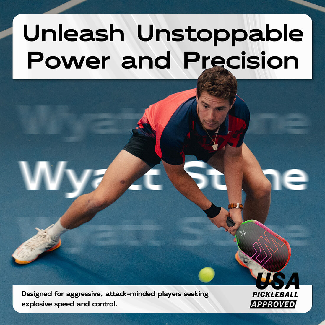 Rainbow Pickleball Paddle Gen 3 by Warping Point with neon rainbow gradient on blue court on Tampa Home & Garden Store