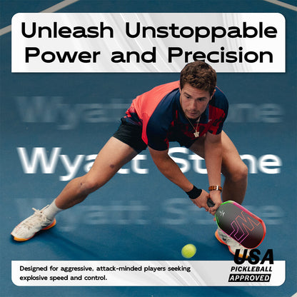 Rainbow Pickleball Paddle Gen 3 by Warping Point with neon rainbow gradient on blue court on Tampa Home & Garden Store
