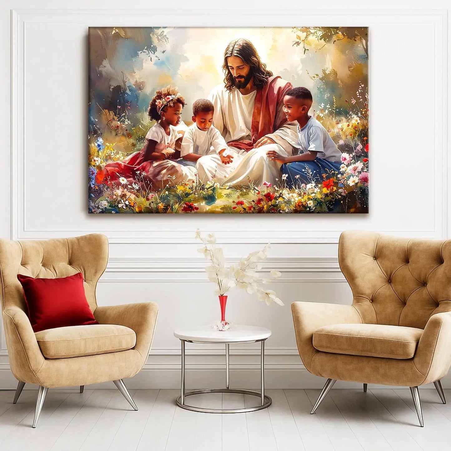 Canvas faith wall art V by Tailored Canvases showing a bearded man with children in a meadow on Tampa Home & Garden Store