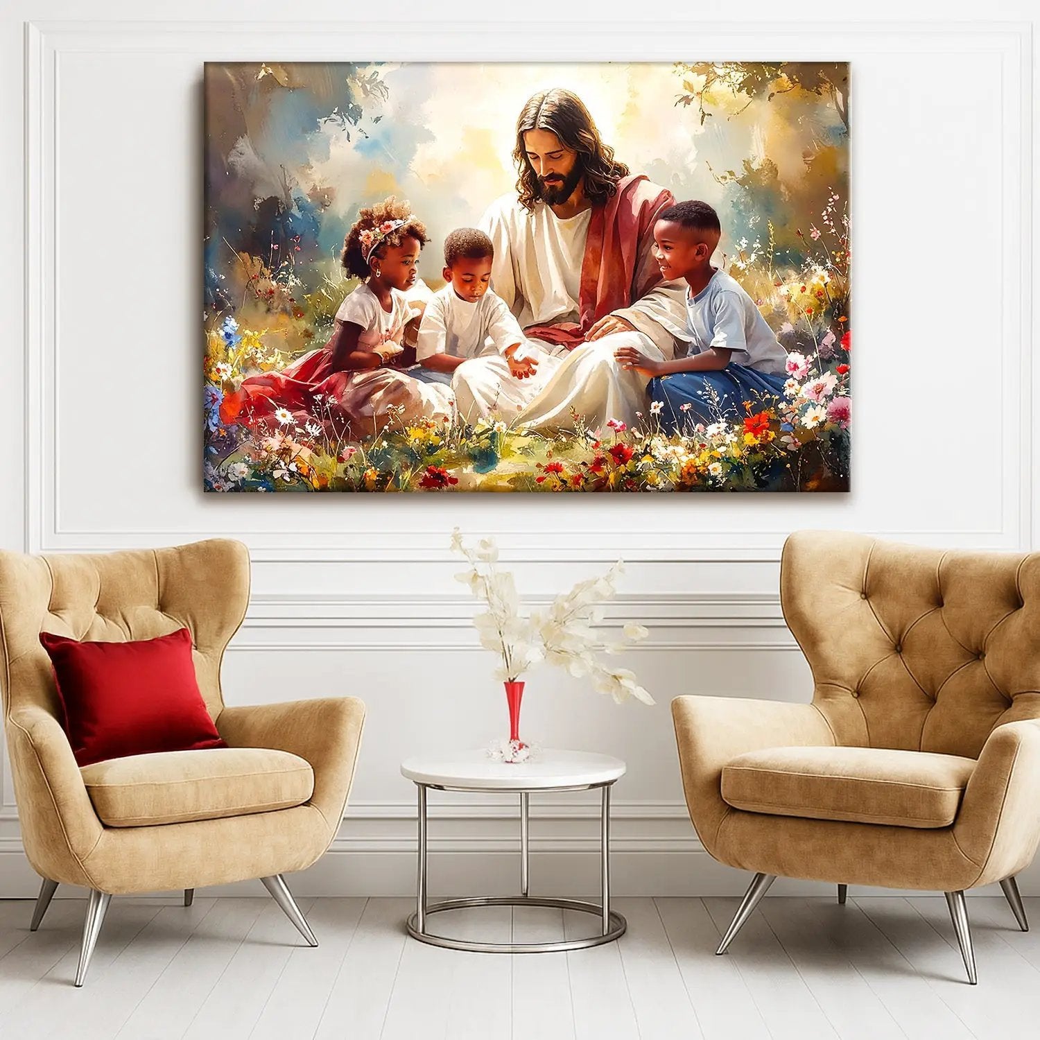 Canvas faith wall art V by Tailored Canvases showing a bearded man with children in a meadow on Tampa Home & Garden Store
