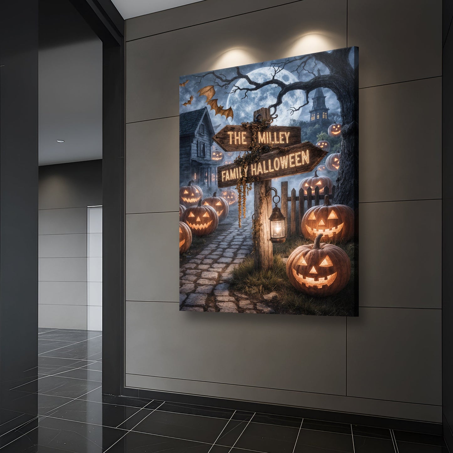 Personalized family name street sign Halloween canvas wall art with pumpkins and lanterns on Tampa Home & Garden Store