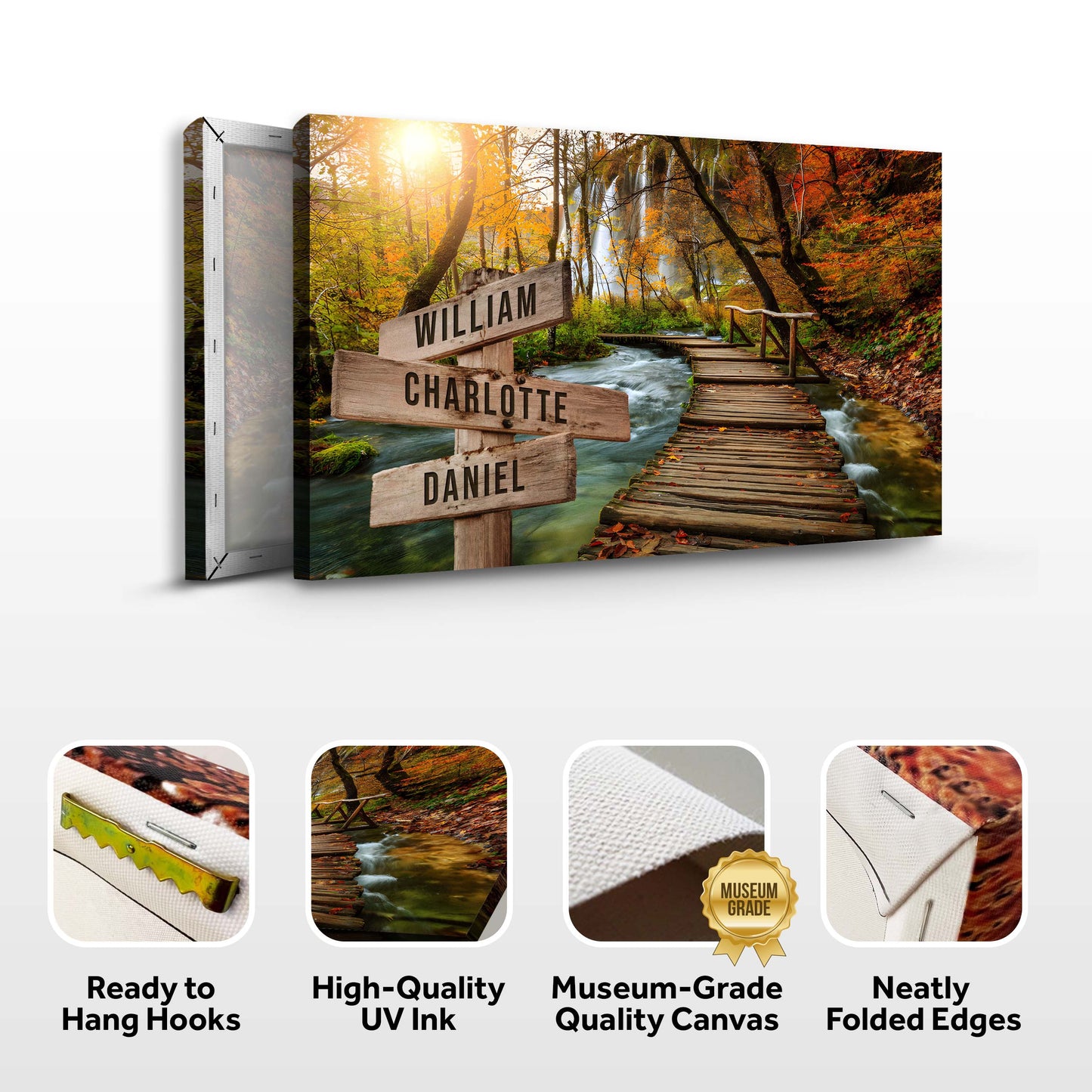 To The Woods Family Names Sign canvas print with signpost listing William Charlotte Daniel on Tampa Home & Garden Store