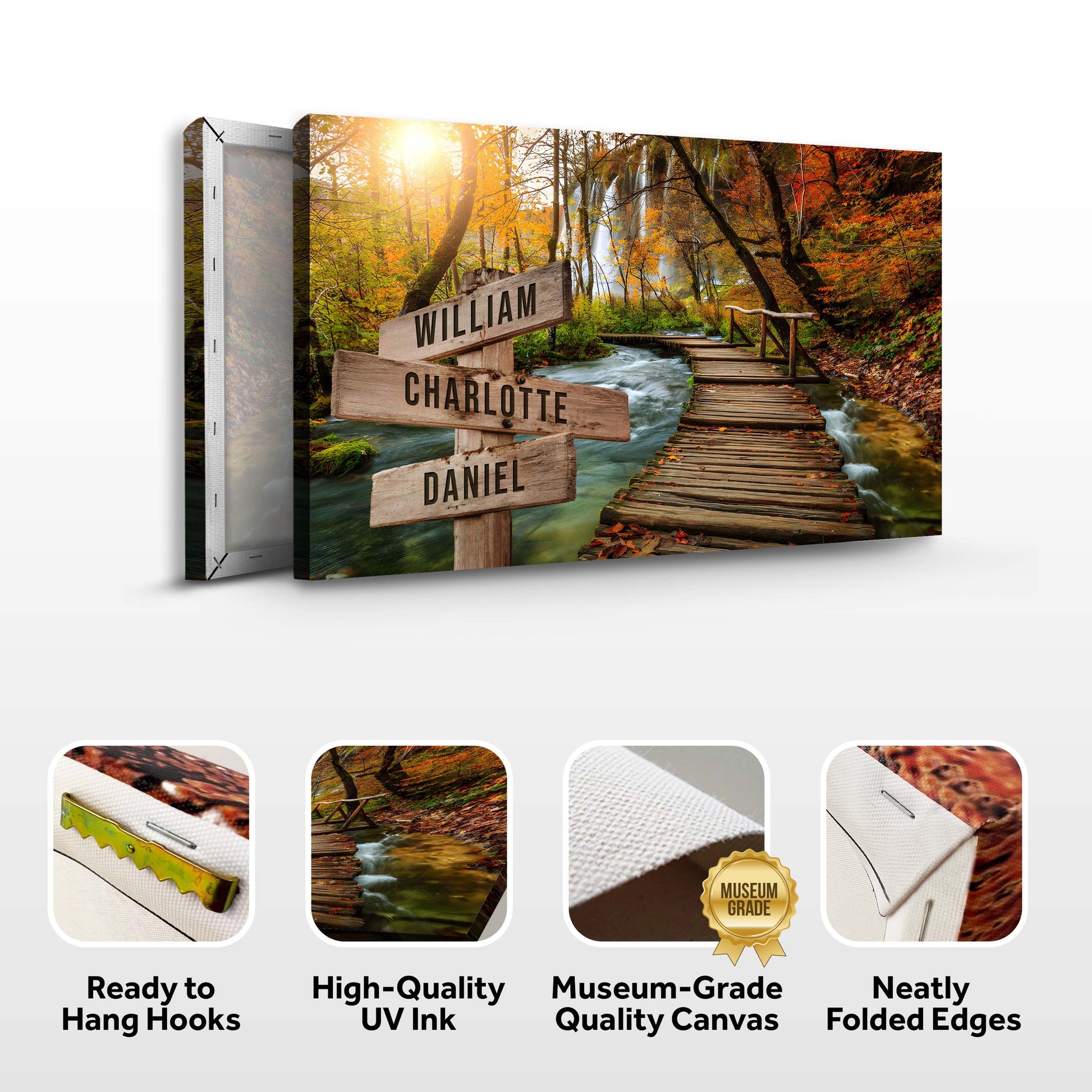 To The Woods Family Names Sign canvas print with signpost listing William Charlotte Daniel on Tampa Home & Garden Store