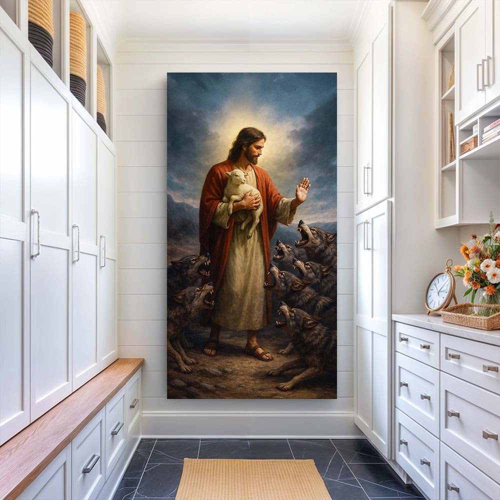 Canvas Jesus Protects Lamb From Wolves Faith Wall Art V Tailored Canvases, Jesus shields lamb on Tampa Home & Garden Store