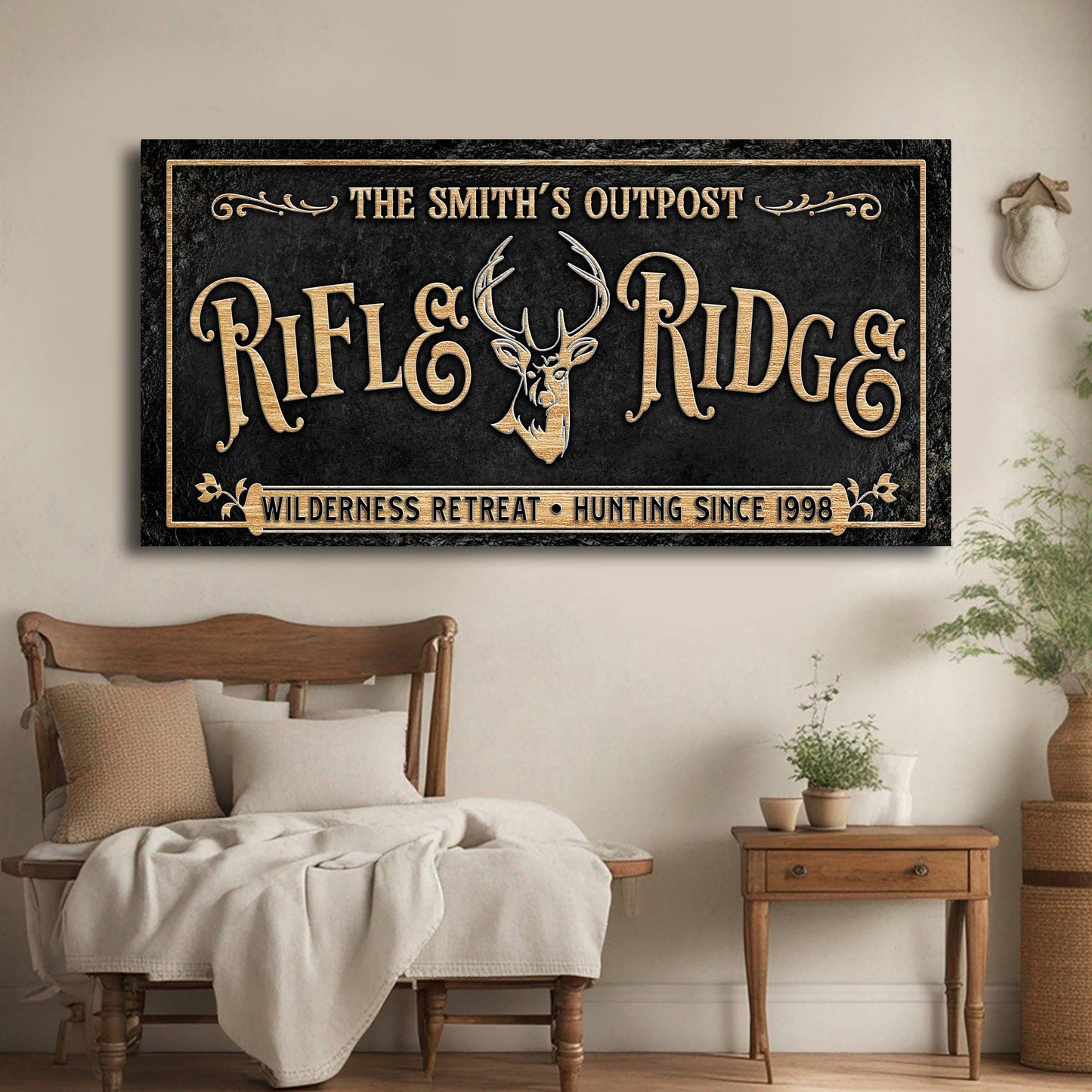 Personalized Rifle Ridge Family Sign with gold lettering on black surface and gold border on Tampa Home & Garden Store