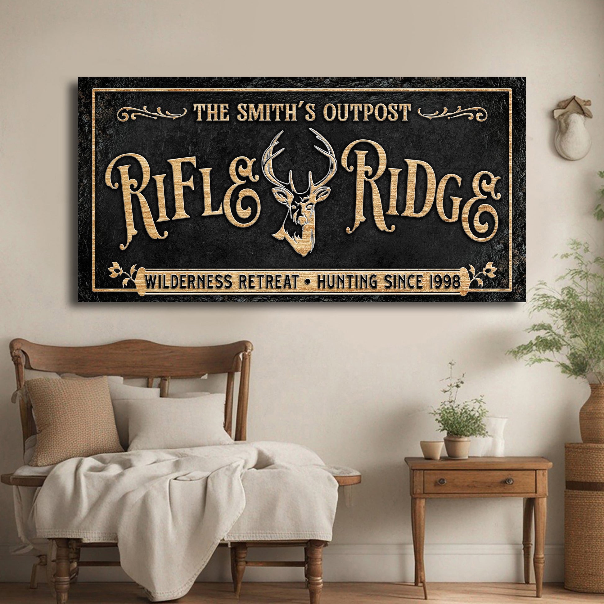 Personalized Rifle Ridge Family Sign with gold lettering on black surface and gold border on Tampa Home & Garden Store