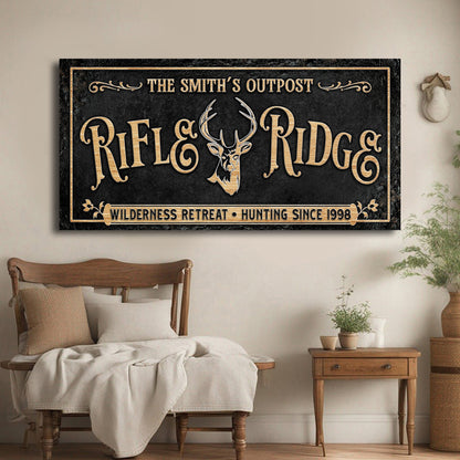 Personalized Rifle Ridge Family Sign with gold lettering on black surface and gold border on Tampa Home & Garden Store