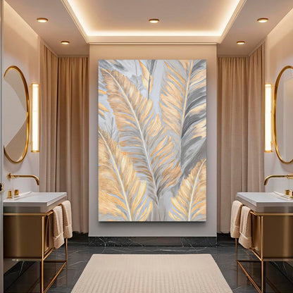 Luxury Gold and Silver Leaf Wall Art canvas with metallic leaves in a bathroom on Tampa Home & Garden Store