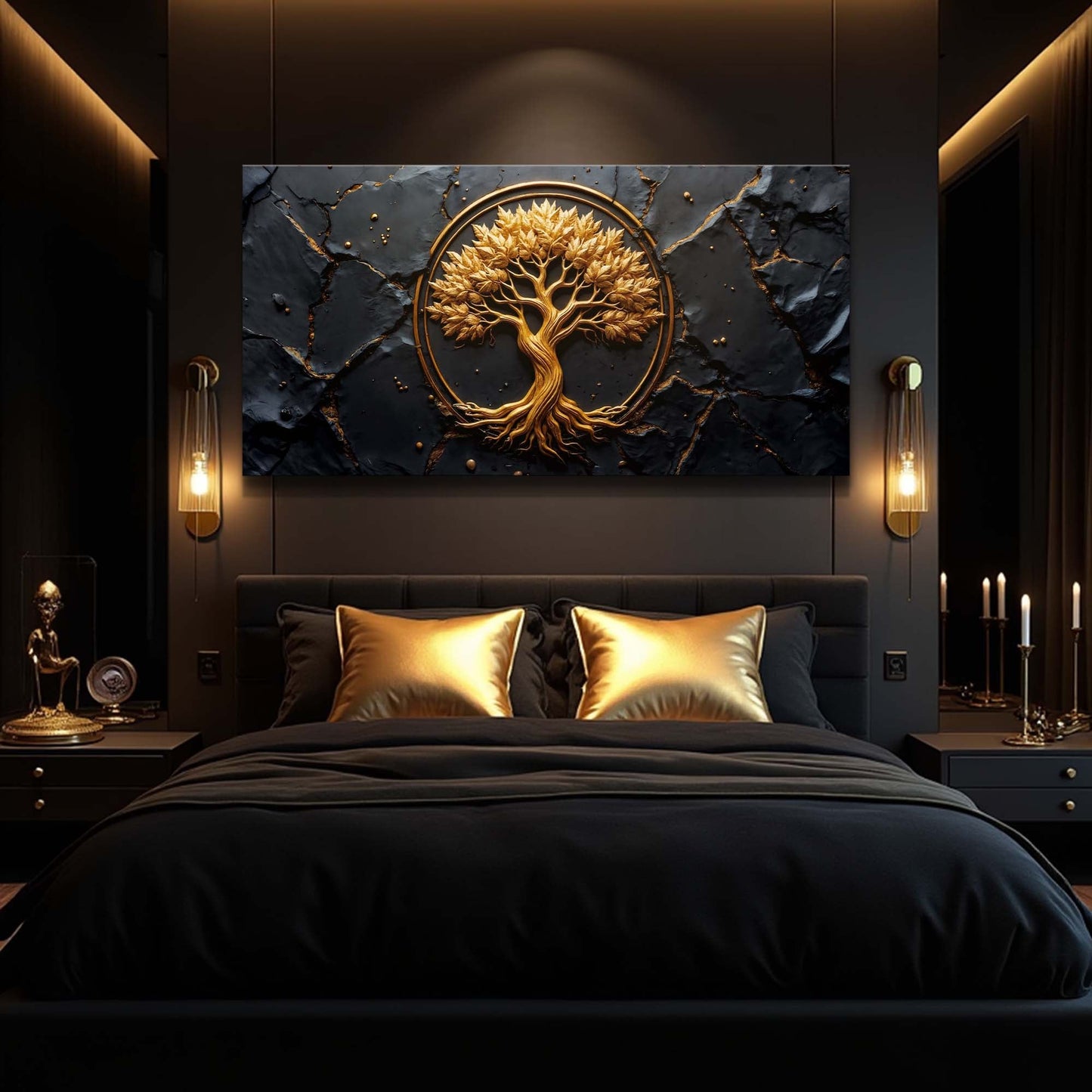 Golden Grove Wall Art canvas with golden tree inside a circular frame on a slate background on Tampa Home & Garden Store