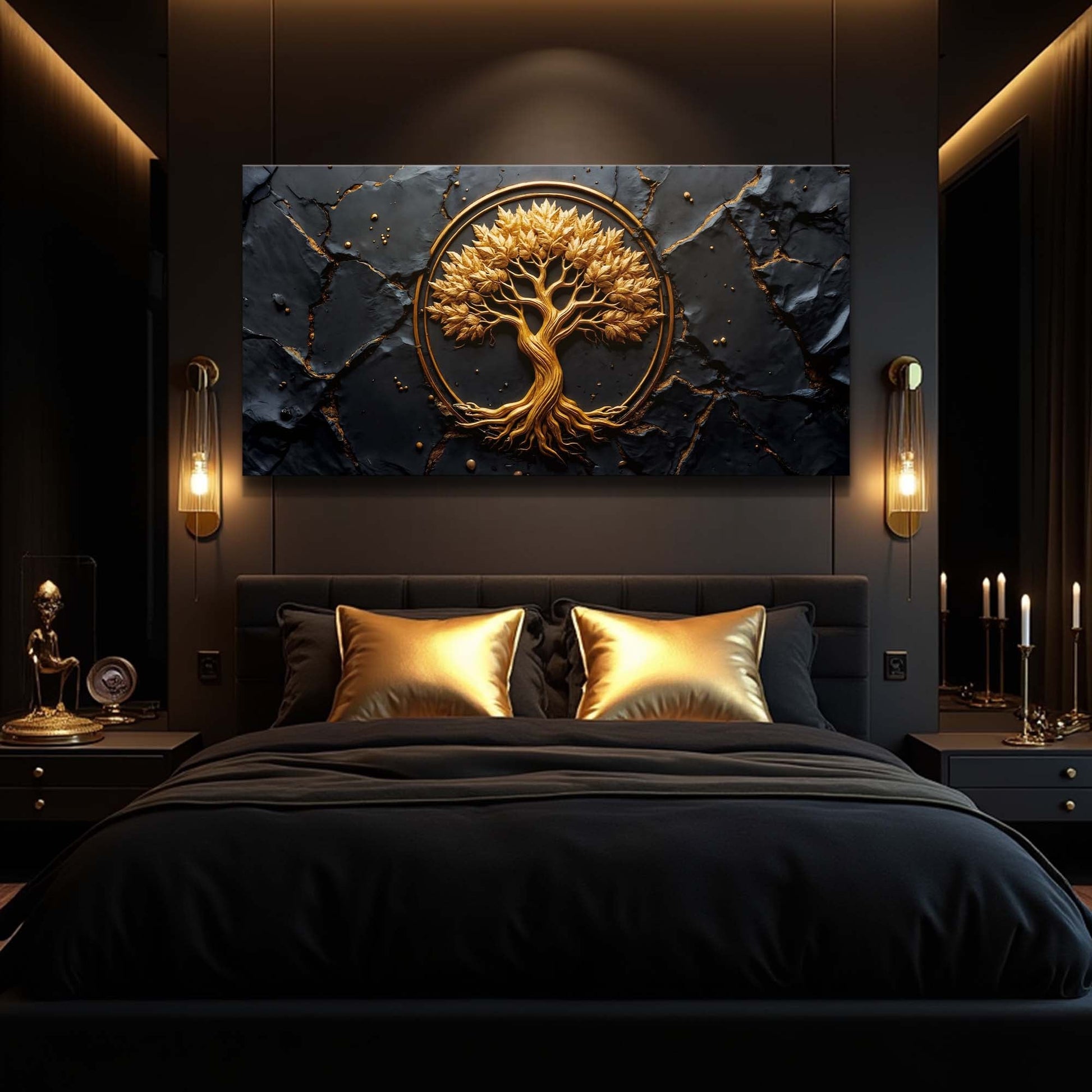 Golden Grove Wall Art canvas with golden tree inside a circular frame on a slate background on Tampa Home & Garden Store
