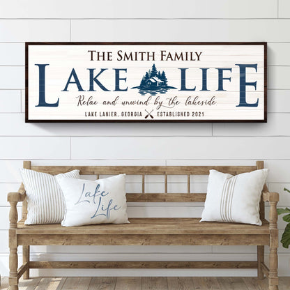 Personalized Lake Life Sign canvas with navy lettering and cabin graphic on wood frame on Tampa Home & Garden Store
