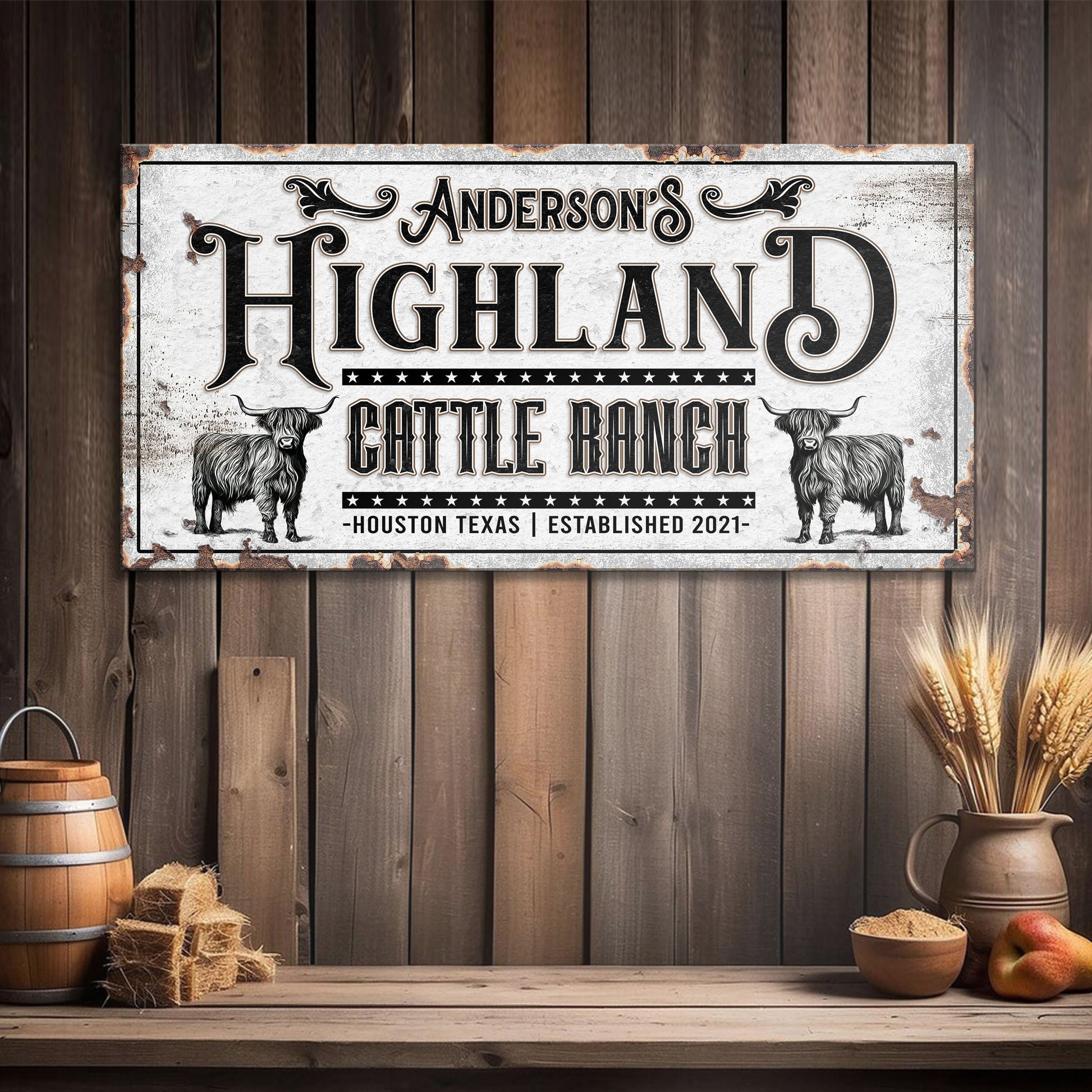Personalized Highland Cattle Ranch Sign II canvas by Tailored Canvases, rustic distressed finish on Tampa Home & Garden Store