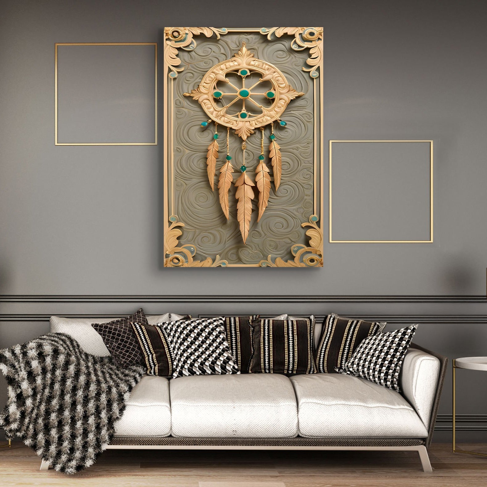 3D Whispering Feathers Wall Art II canvas by Tailored Canvases with gold finish and turquoise beads on Tampa Home & Garden Store