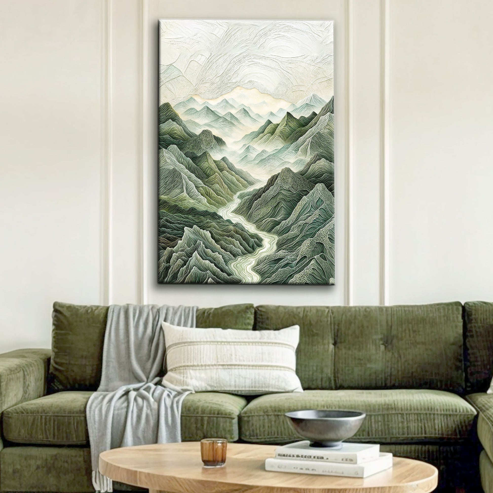 Abstract Mountain and River Landscape Canvas Tailored Canvases; green mountains and pale sky on Tampa Home & Garden Store