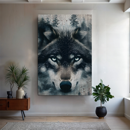 Wolf Double Exposure Wall Art canvas by Tailored Canvases featuring blue-eyed wolf close-up on Tampa Home & Garden Store