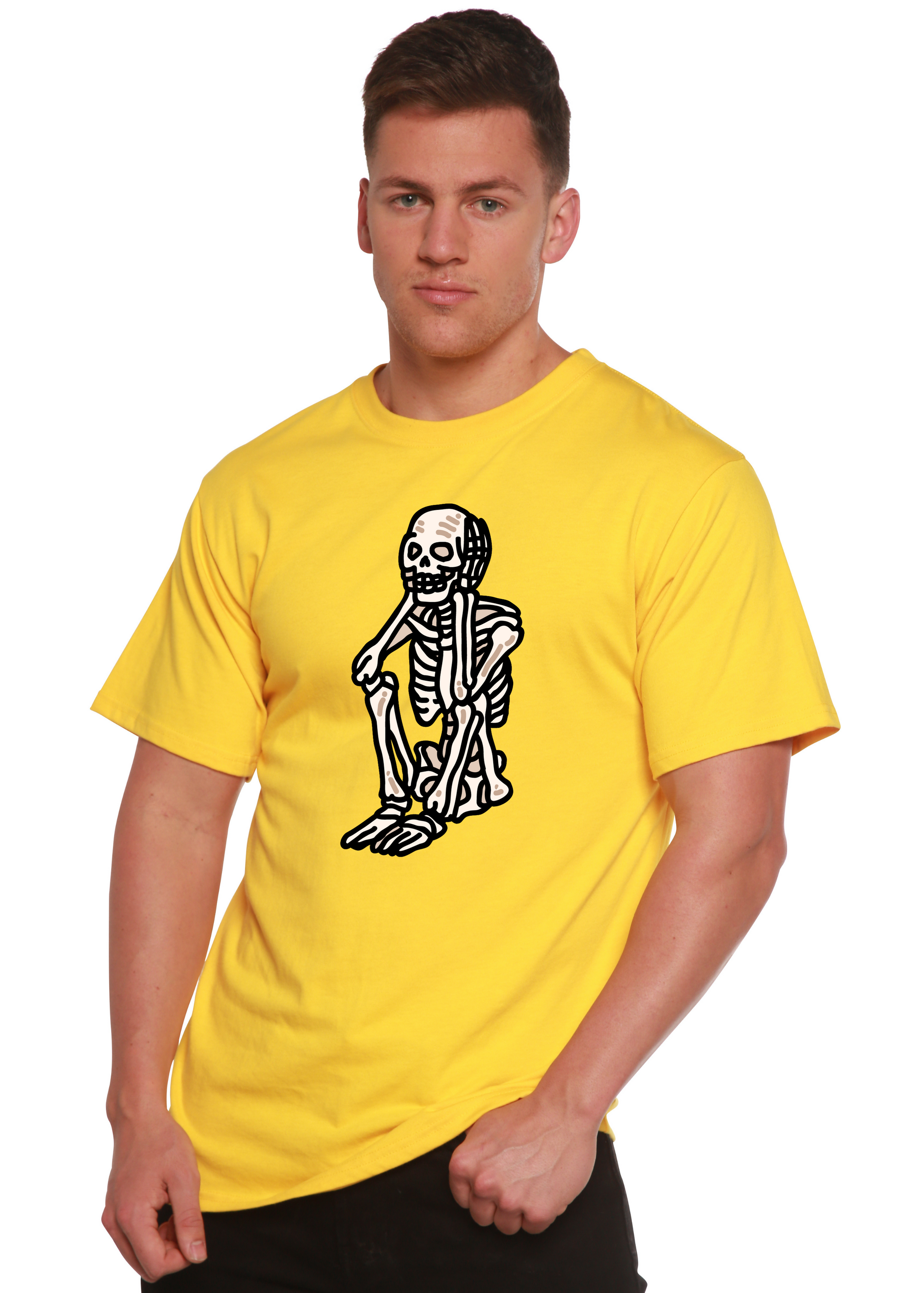 Sad Skeleton unisex bamboo viscose organic cotton graphic T-shirt in yellow by Spun Bamboo on Tampa Home & Garden Store