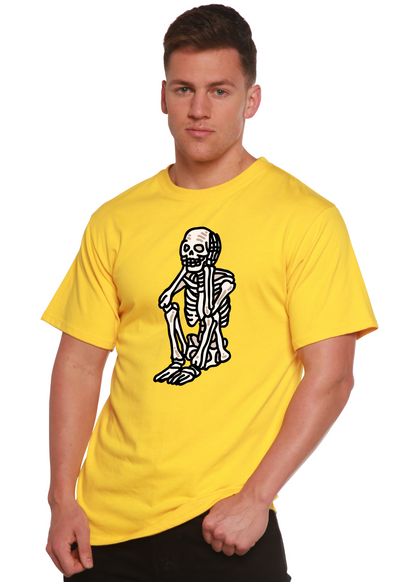 Sad Skeleton unisex bamboo viscose organic cotton graphic T-shirt in yellow by Spun Bamboo on Tampa Home & Garden Store