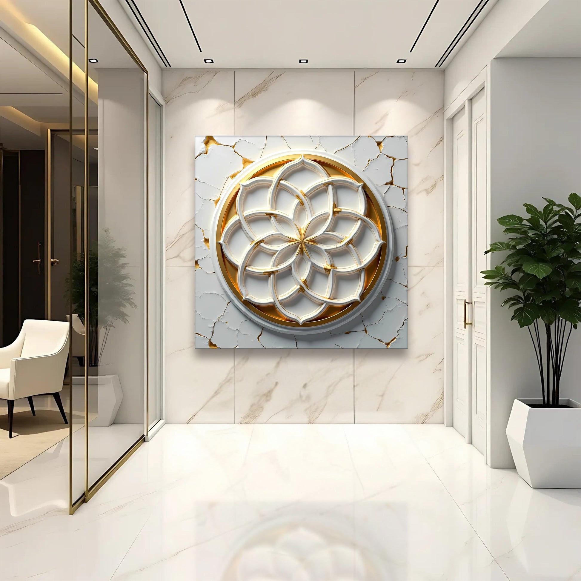 Flower Of Life wall art canvas Tailored Canvases, circular gold geometry on white marble wall on Tampa Home & Garden Store