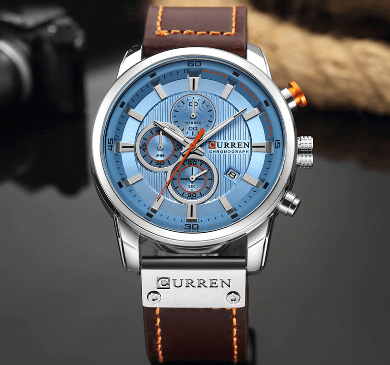 Men's Stevvex waterproof sport watch with blue dial, leather strap, chronograph, date on Tampa Home & Garden Store