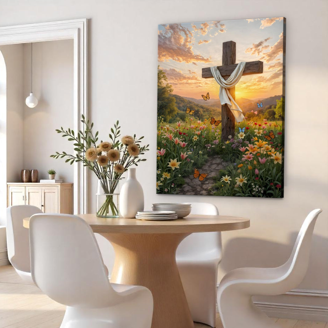 Cross and Flowers Faith Wall Art canvas: wooden cross with draped cloth in a meadow of butterflies on Tampa Home & Garden Store
