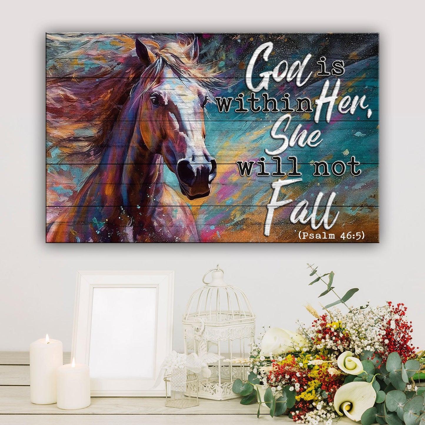 Canvas: Tailored Canvases God Is Within Her faith sign with colorful horse artwork, Psalm 46:5 on Tampa Home & Garden Store