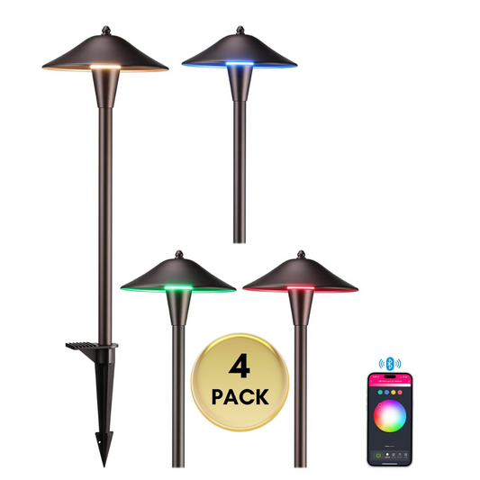 ALRP10 Ensemble de lumières LED intelligentes pour allée à changement de couleur, réglable 3000 K-5000 K 5 W 12-24 V AC/DC basse tension bronze huilé champignon éclairage extérieur de paysage