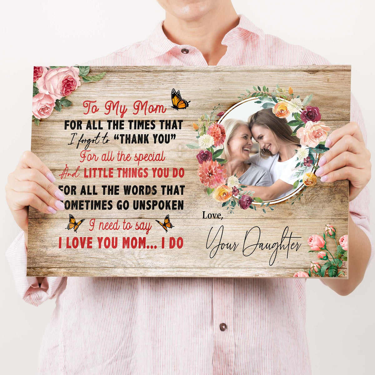 Mother's Day Sign canvas with wood grain backdrop, floral wreath, and a couple photo on Tampa Home & Garden Store