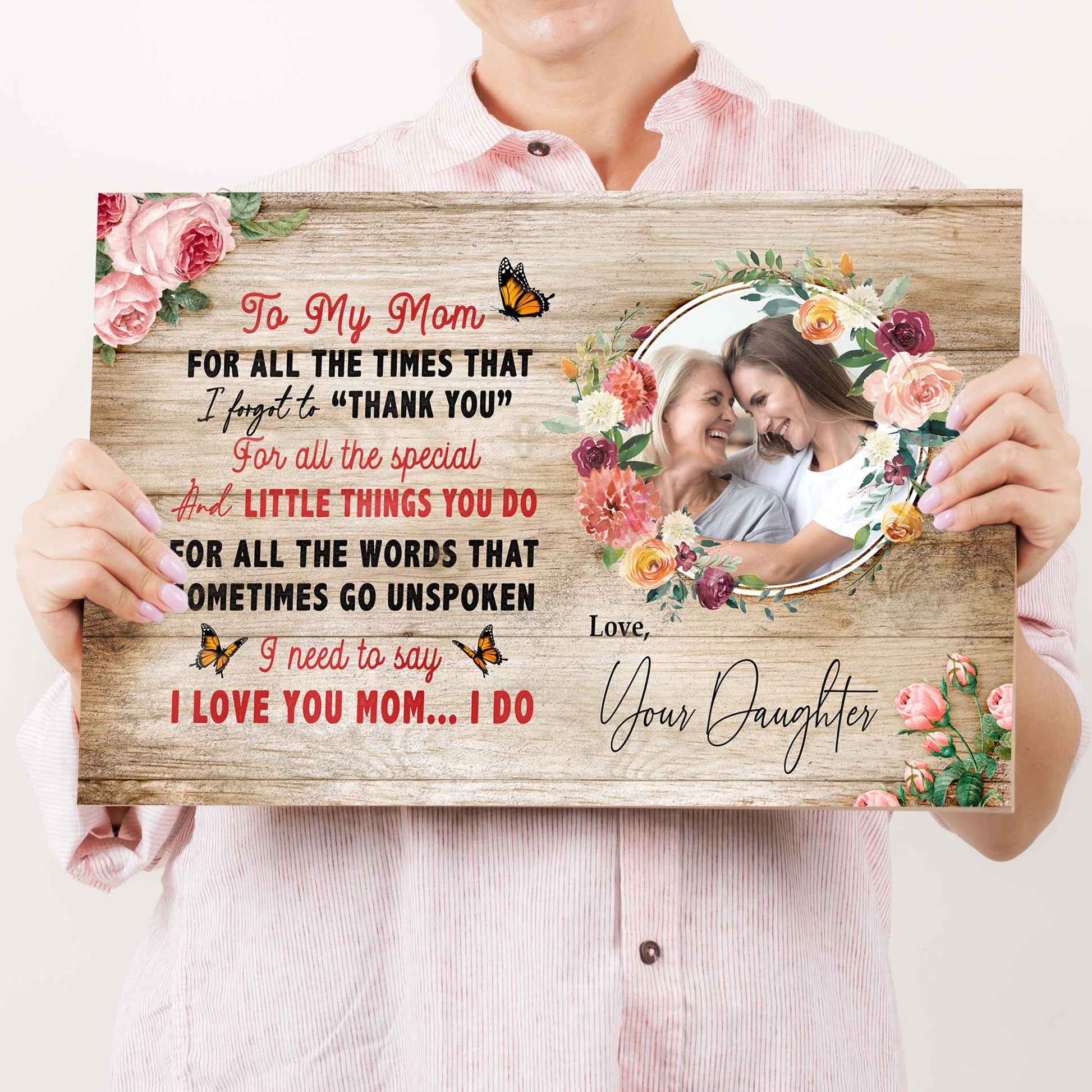 Mother's Day Sign canvas with wood grain backdrop, floral wreath, and a couple photo on Tampa Home & Garden Store
