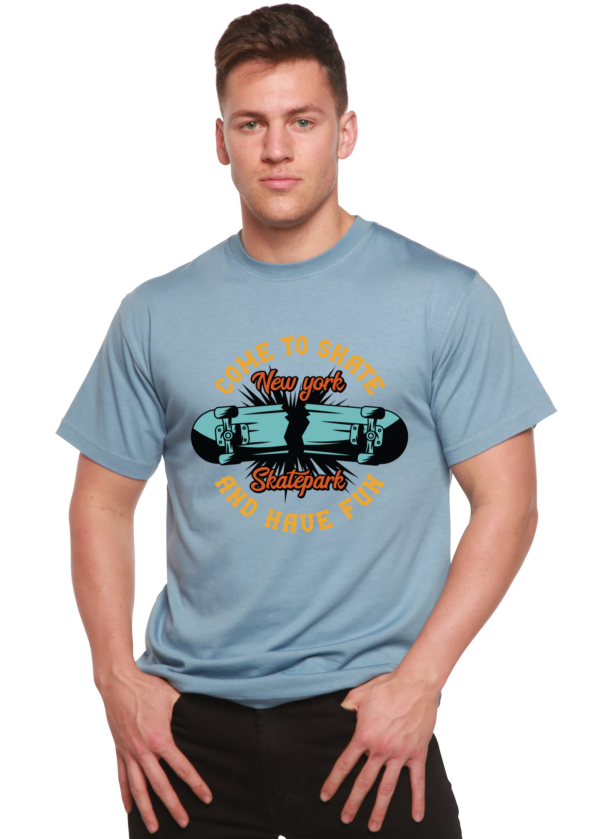 New York Skatepark bamboo viscose/organic cotton graphic tee in light blue with skateboard art on Tampa Home & Garden Store