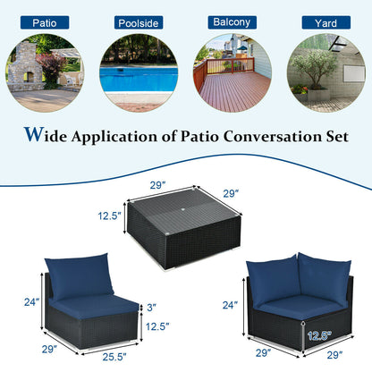 Juego de Sofá Seccional Exterior de 7 Piezas de Ratán para Patio con Tapa de Cristal Templado - Azul Marino