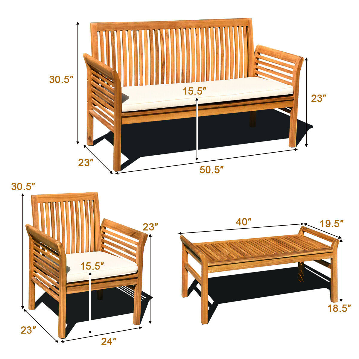 Juego de muebles de sofá de madera de acacia para exterior de 4 piezas